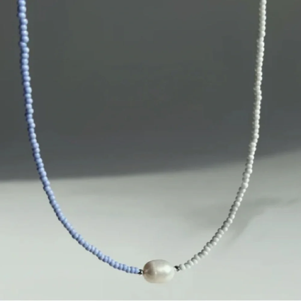 Freshwater Pearl Necklace with Blue / Periwinke Seed Beads